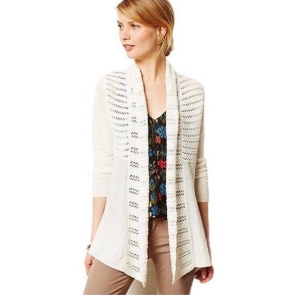 Anthro Angel of the North Cream Crochet Lace Linen Blend Cardi Cardigan Sweater - Picture 2 of 11